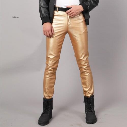 Mens Faux Leather Pants Gold Silver Stretchy Party Stage Performance Motorcycle PU Trousers For Male