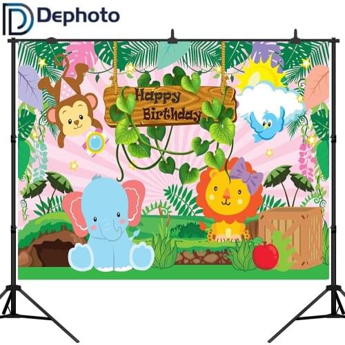 Dephoto Happy Birthday Party Photo Background Animals Forest Photography Backdrop Baby Jungle Safari Theme Party Banner Decor