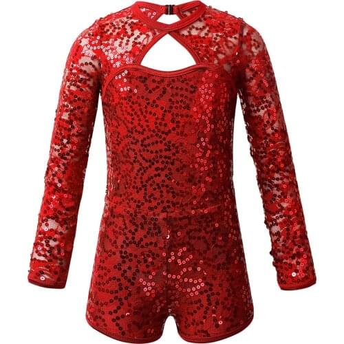 Kids Shiny Sequins Long Sleeves Gymnastics Leotards for Girls Ballet Jumpsuit Gym Unitards Stage Performance Jazz Dance Costume