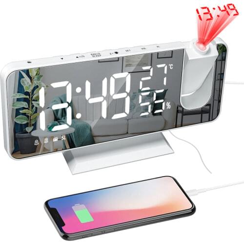 FM Radio LED Digital Smart Alarm Clock Watch Table Electronic Desktop Clocks USB Wake Up Clock with 180° Projection Time Snooze