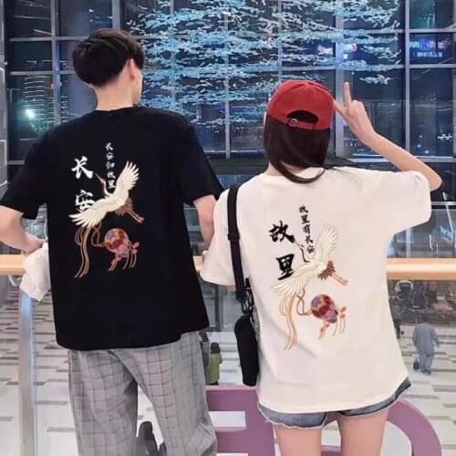 Chinese Style White Crane Changan Beijing Opera Printed T-Shirt Pure Cotton National Style Unisex Short Sleeves Lover Couple Top