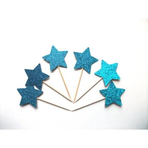 Blue star glittery cupcake toppers 1st birthday, cake topper wedding Food Picks Decor Decorations Boy Party Favors
