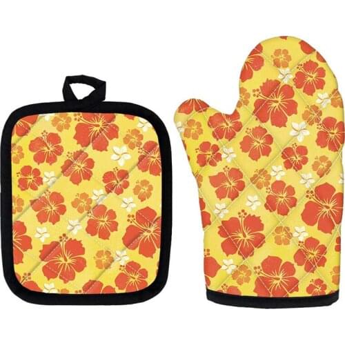 Hot Sales BBQ Oven Tools Sets Hawaii Hibiscus Flowers Printing Heat Resistant Gloves and Mat Home Kitchen Accessories Mitten