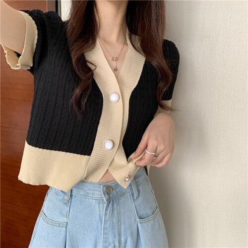 Cardigan V-neck Short-sleeved Sweater Womens Summer New Korean Style Loose and Thin Short Top Trend