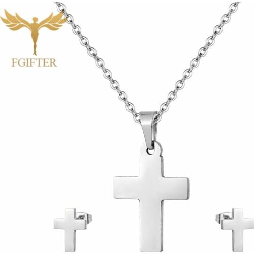 Classic Stainless Steel Set Silver Color Cross Stud Earrings Pendant Necklace Christian Jewelry Sets Jewelery Adornment