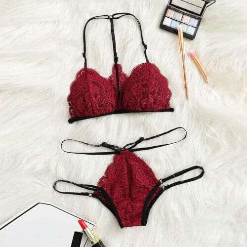 2pc Sexy Halter Lace Bra Set Sensual Lingerie Woman Push Up Bra G-string Thong Underwear Erotic Lingerie Babydoll Lenceria Mujer