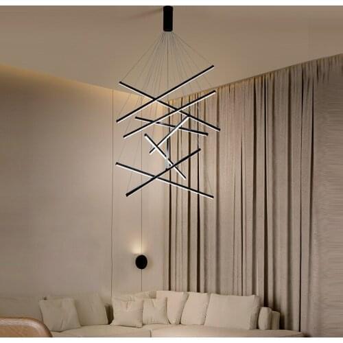 Black Aluminum Bar LED Chandelier Modern Indoor Deco Living Room Ceiling Chandeliers Dining Pendant Lamp Duplex Apartment Light