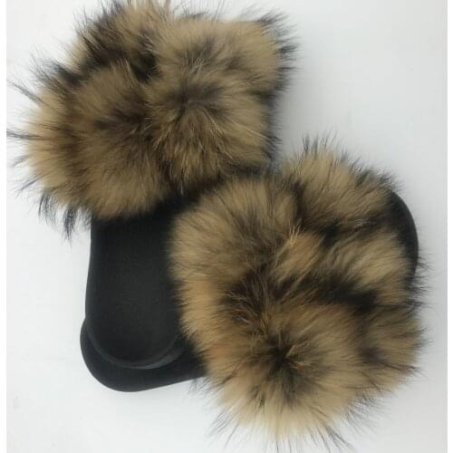 Fashionable color big fluffy fur ball slippers real fox fur slides pom pom fur slippers for women