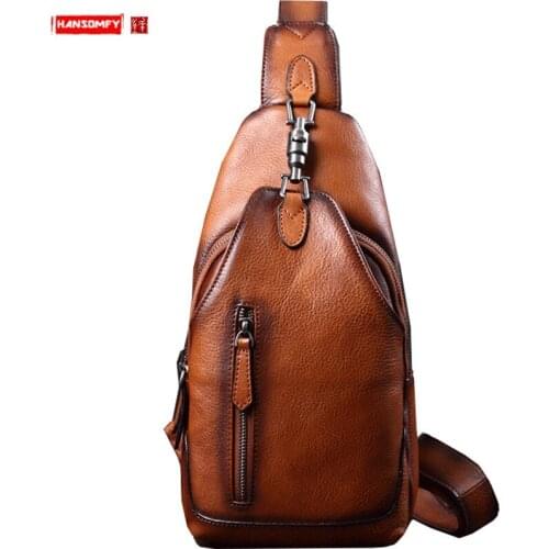 Genuine Leather Chest Bag Mens Tide Brand Chest Pouch Head Layer Leather Bag Casual Men Messenger Shoulder Bags Back Pack Soft