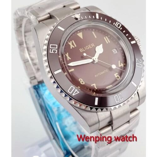 2019 New Arrival BLIGER 43MM Barown Dial Bubble mirror Ceramic Bezel Luminous Marks Glass Automatic Movement Mens Watch
