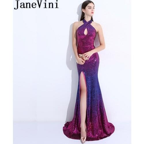 JaneVini Charming Gradient Mermaid Long Evening Dresses Sequined High Split Mother of The Bride Dresses For Weddings Sweep Train