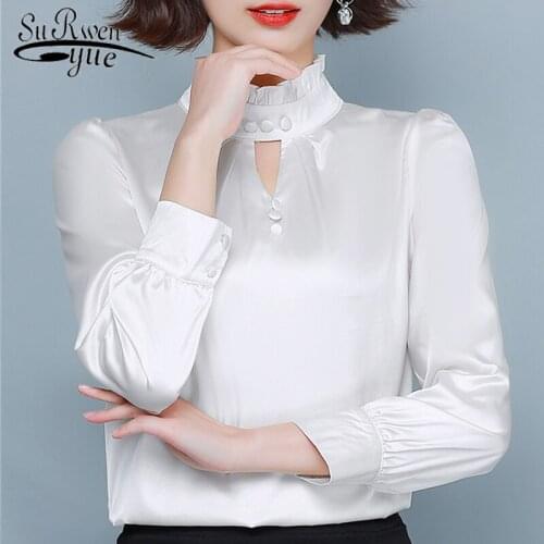 Solid Stand Women Tops and Blouse 2020 Style Clothing Fashion Long Sleeve Silk Blouse Loose Pluse Size Shirt Streetwear 8322 50