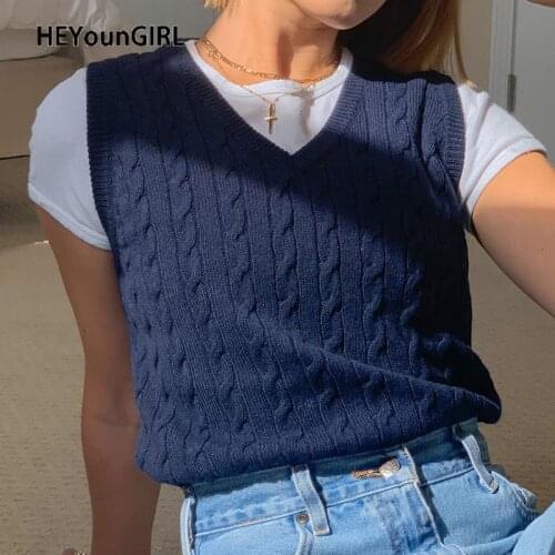 HEYounGIRL Solid Casual Sleeveless Sweater Vest Y2K Preppy Style Knitted Jumpers Ladies Vintage Korean Streetwear Fashion 2021