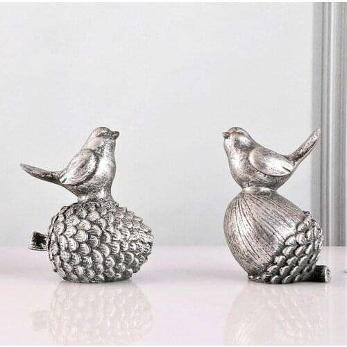 Archaiz Silver Pinecone Bird Desktop Home Furnishing Display Showcase Shop Window Decoration Birds Figurine Ornament Gift A Pair