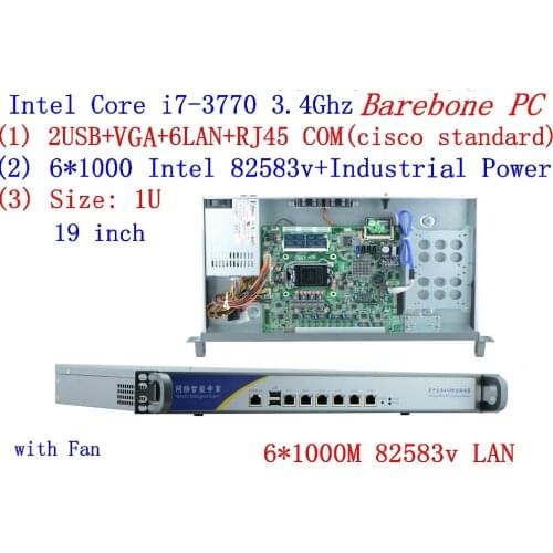 1U firewall server Barebone PC with 6*1000M 82583V Gigabit Intel CORE I7 3770 3.4G support ROS Mikrotik PFSense Panabit Wayos