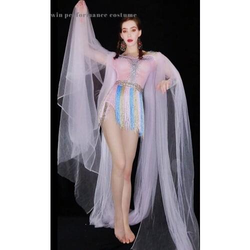 Mesh see through jazz costume short tassel Hula Tulle cloak pink skinny top stocking dancer singer actor Acrobatic performance