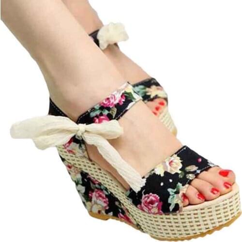 Summer 2021 Flowers Print Women Wedges Sandals Sweet Ribbons Bow Platform Wedges Shoes Casual Lace Up Open Toe Lady High Heels