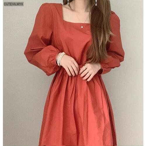 Dresses for Women Slash Neck Long Puff Sleeve Solid Clothing Casual Red Khaki A-Line Empire 2021 Fashion Clothes