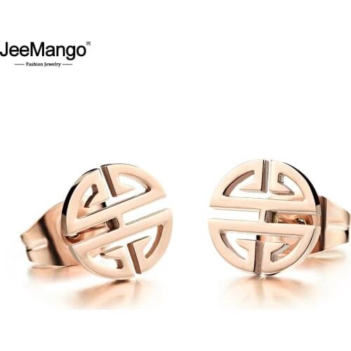 JeeMango Chinese National Style Auspicious Longevity Earring Rose Gold Stainless Steel Stud Earrings For Women Brincos JE19169