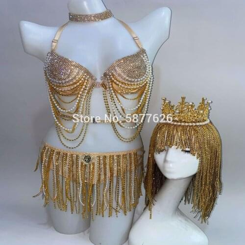 Sexy gold silver chain pearl bikini costume women party girl stage dance wear Female singer crown costumes
