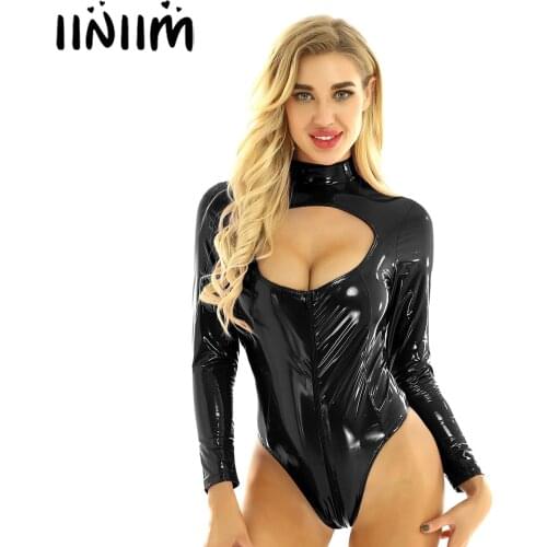Iiniim Womens Catsuit Wetlook Body Latex Bodystocking Sexy Erotic Costumes Lingerie Clubwear Breast Bodysuit Hot Porno Babydoll