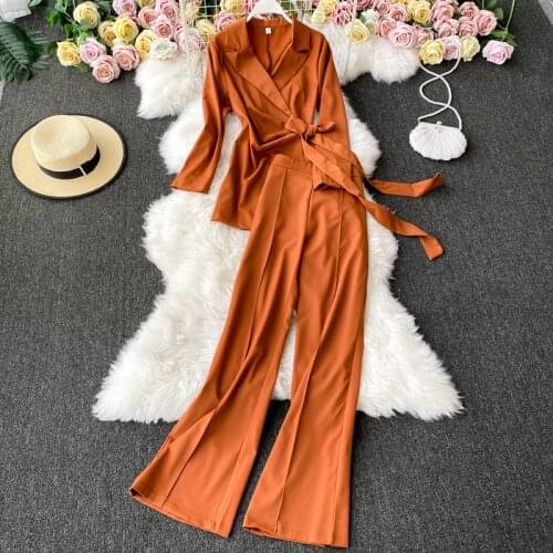2021 Autumn New Fashion Women Long Sleeve Banndage Blazer+Wide Leg Pants Two Piece Set Solid Casual Clothing Suit