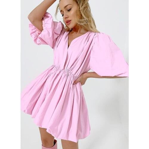 Elegant White Pink V Neck Bodycon Dress Women 2021 Summer Puff Sleeve Short Dress Casual A-Line Pleated Vestido Lady