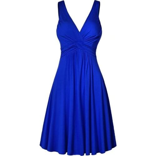 Women tank top sleeveless v neck front wrinkle A-line short dress 2020 summer sundress Yellow/royal blue/black/wine red
