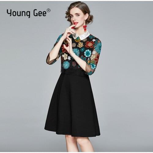 Young Gee New Fashion Designer Runway Vintage Mini Dress Women 3/4 Sleeve Turn-down Collar Lace Embroidery Flower Mesh Dresses