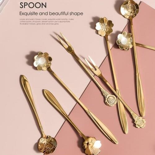 1PC Tea Coffee Mixing Spoon Gold Silvery Spoon Long Handle Dessert Teaspoons Stainless Steel Drink Tableware Flowers Heart Shape
