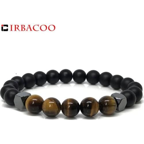 IRBACOO 2020 Brand New Fashion Men Bracelet 8mm Tiger eyes Stone Beads With Cut Hematite Charm Bracelet For Men Jewelry Gift