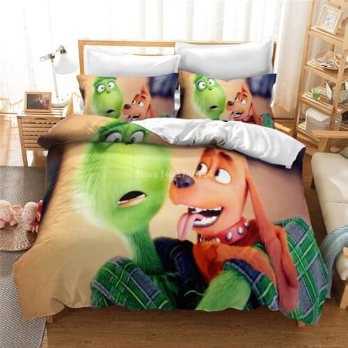 3D Cartoon Film Grinch King Size Bedding Set Green Monster Dog Animal Printed Duvet Cover Pillowcases Set Bed Linens Bedclothes