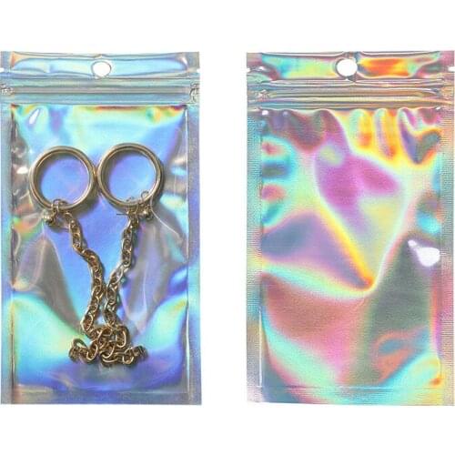 New 50pcs Laser Ziplock Bag Cosmetic Packaging Self Sealing Gift Bag Clear Holographic Jewelry Thick Aluminum Foil Zip Lock Bags