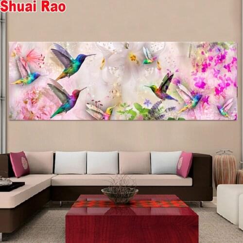 Large size 5D Diy Diamond Painting Cross Stitch full round Square Diamond Embroidery Hummingbird and flower still life