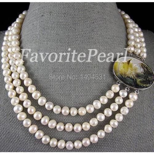 White Pearl Necklace 17-20 Inches 8-9mm 3 Strand White Color Natural Freshwater Pearl Necklace - Free Shipping