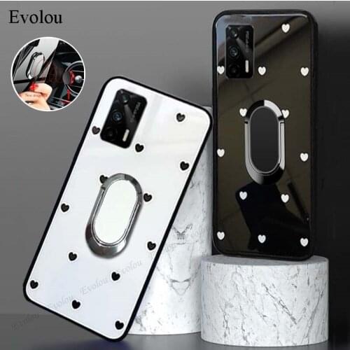 Love Heart Painted Tempered Glass Case For Realme GT C2 X2 Pro Ring Holder Magnetic Stand Back Cover For Realme Narzo 20a X Lite