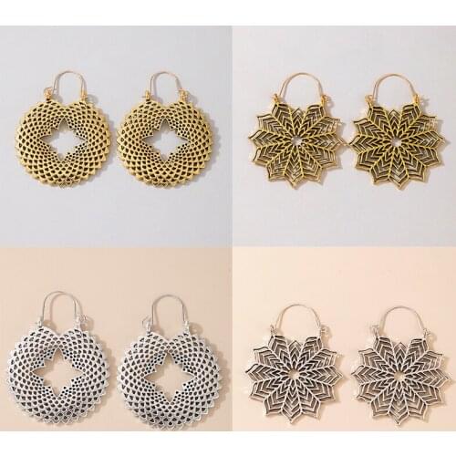 Docona Vintage Hollow Flowers Drop Earrings for Women Gothic Geometric Metal Alloy Dangle Earrings Party Jewelry Accessories