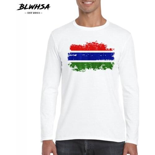 BLWHSA Men T-Shirts Long Sleeve O Neck T Shirt For Men Gambia National Flag Nostalgic Style Tee Male Tshirts Fitness Top Tees