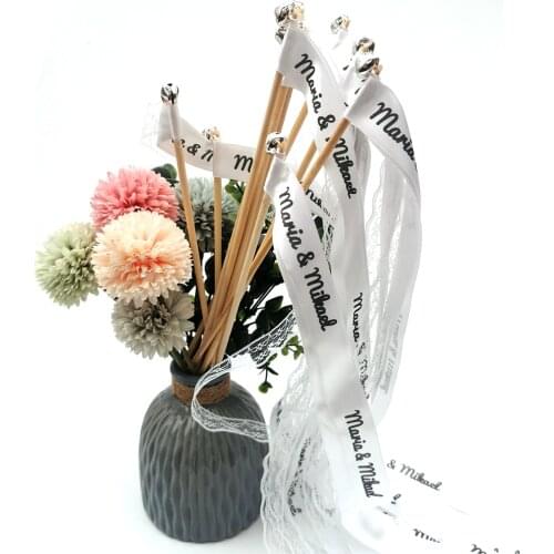 Custom Printing Ribbon Wands Wedding Twirling Streamers Mr Mrs Name Ribbon Stick With Bells Birthday Fairy Wands Party Supplies