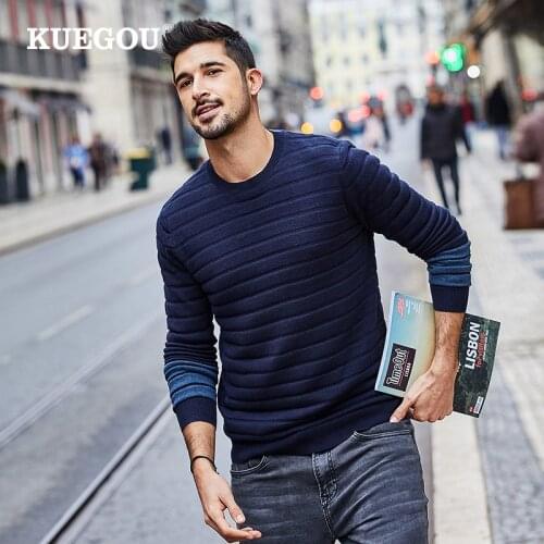 KUEGOU 2021 Autumn Cotton Stripe Blue Sweater Men Pullover Casual Jumper For Male Wear Brand Knitted Korean Style Clothes 17023