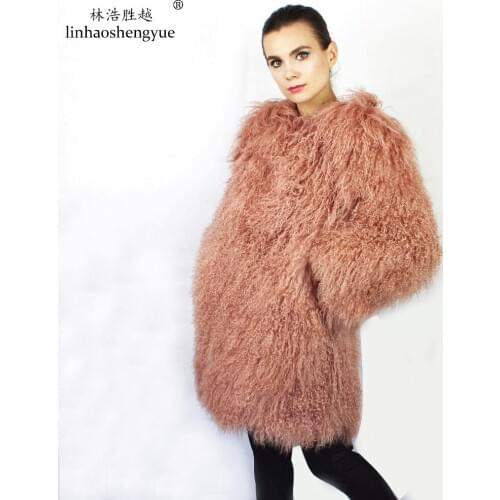 Linhaoshengyue Winter Warm Fashion 100% Natural Tan Sheep Fur Women Coat Freeshipping