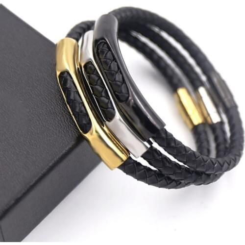 Fashion Mens Weave Wristband Black Leather with Stainless Steel Buckle Bracelet For Men Classic Bangle Jewelry Gift For Man