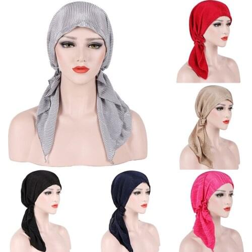 Fashion Pleated Women Muslim hijabs Solid Color Head Scarf Turban Bonnet Islamic Headwrap underscarf Ladies Pre-Tied Hijab caps