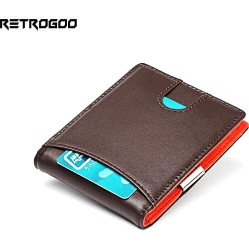 RETROGOO Genuine Leather Slim Money Clip Biford Wallets For Men 7 Card Holder Cowhide Leather Purse Zipper Coin Pocket Money Bag