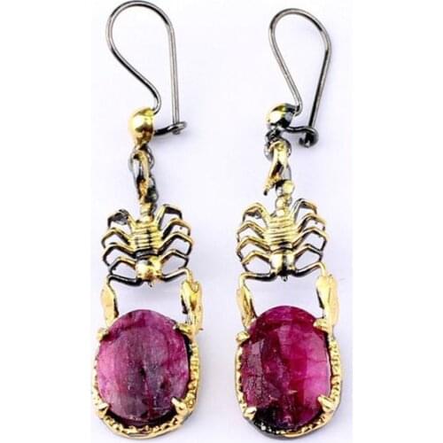 Women Dyed Ruby Scorpion Shaped Drop Handmade Silver Gold Plated Special Design Gift Earrings