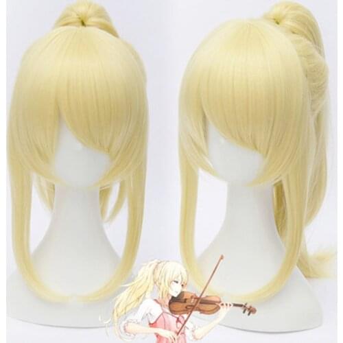 Your lie in April Miyazono Kaori Light Golden Blonde Clip Ponytail Heat Resistant Cosplay Costume Wigs + Wig Cap