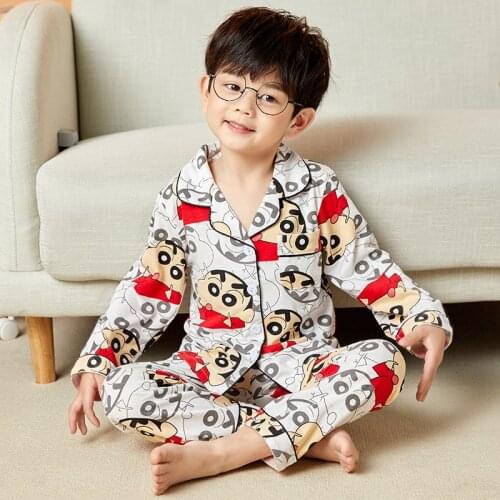 Kids Pajamas Set Cotton Pajamas Boys Girls Anime Print Pyjamas Long Sleeve Button-Down Blouse Tops+Trousers Underwear&Sleepwears