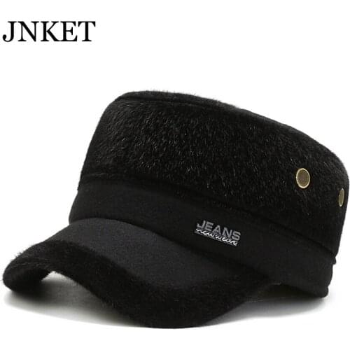 JNKET New Men Winter Warm Army Cap Imitated Mink Flat Cap Earflap Hat Cadet Hat Adjustable Military Hat Casquette