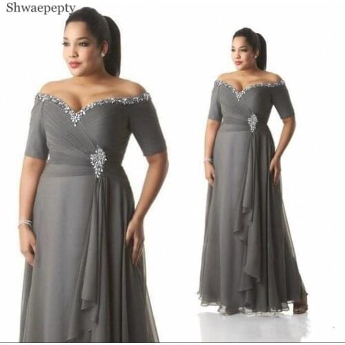 Shwaepepty Plus Size Grey Chiffon Prom Dresses A Line Off Shoulder Beaded Short Sleeve Floor Length Women Formal Evening Wear
