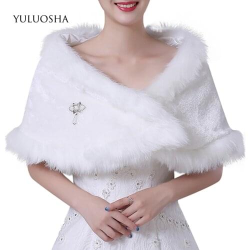 YULUOSHA Autumn Winter New White Bride Fur Shawl Warm Plush Bridesmaid Wedding Off-the-shoulder Coat Wedding Cape Feather Robe